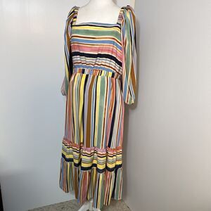 Donna Morgan Rainbow Stripe Tiered Midi Dress Sz 8 Square Neck Cottagecore Boho